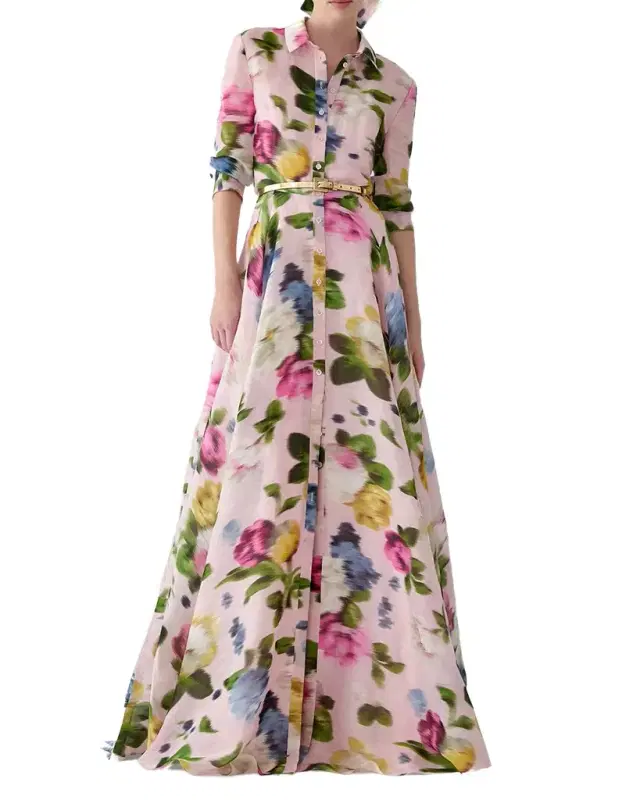 Floral Silk-Linen Belted Trench Gown