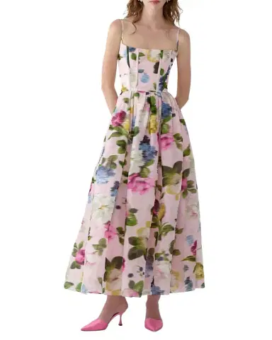 Carolina Herrera Floral Silk Faille Sleeveless Corset Midi Dress | Thumbnail 1 Carolina Herrera Floral Silk Faille Sleeveless Corset Midi Dress | Thumbnail 1