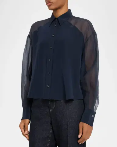 Brunello Cucinelli Chiffon Raglan Sleeve Button-Down Shirt | Thumbnail 3 Brunello Cucinelli Chiffon Raglan Sleeve Button-Down Shirt | Thumbnail 3