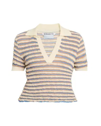 BERNADETTE Ophelia Striped Crinkle Wool Polo Shirt | Thumbnail 1 BERNADETTE Ophelia Striped Crinkle Wool Polo Shirt | Thumbnail 1