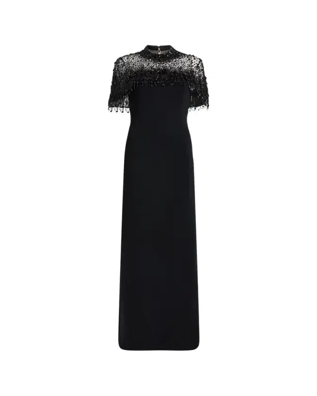 Jenny Packham Livia Crystal Fringe Capelet Column Gown