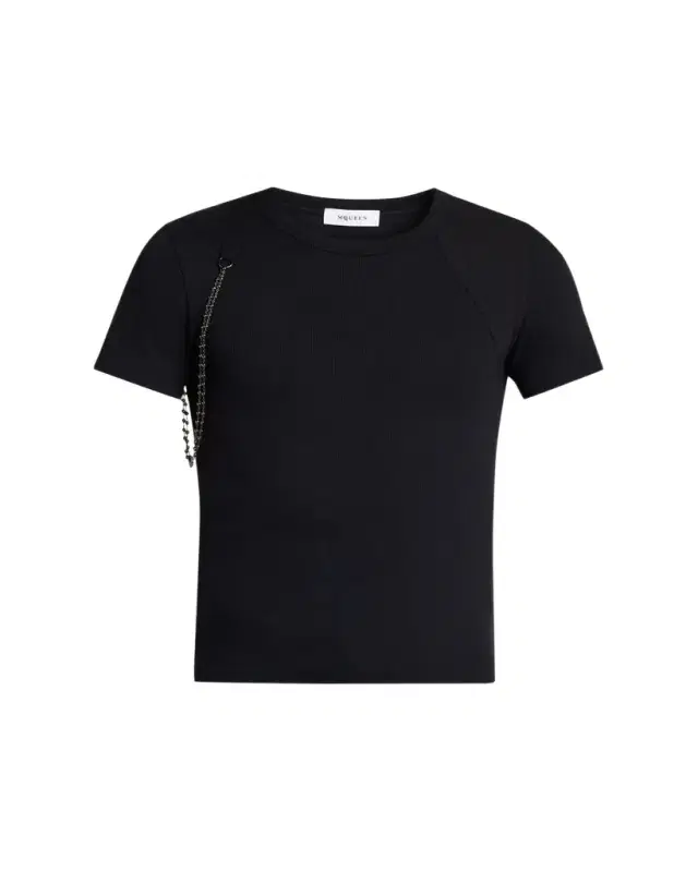 McQueen Men's Beaded Harness Micro-Rib Cotton Crewneck T-Shirt