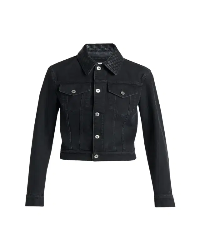 Intrecciato-Collar Faded Black Denim Jacket