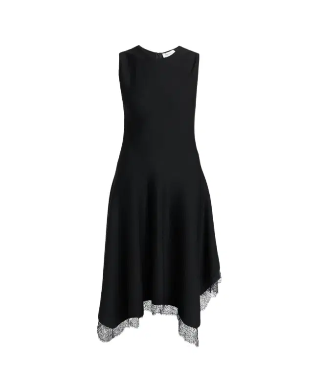 McQueen Sleeveless Lace-Trim Asymmetric Handkerchief Midi Dress
