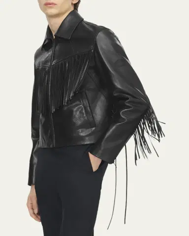 McQueen Men's Western Fringe-Trim Leather Jacket | Thumbnail 4