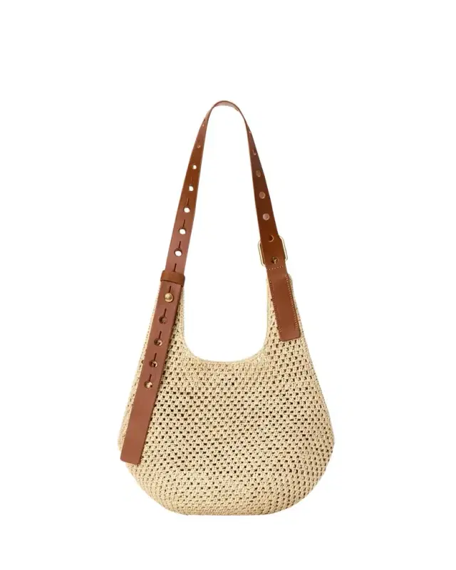 x Paula's Ibiza Small Punch Hole Hobo Bag in Raffia and Leather