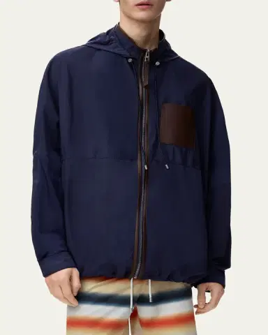 Loewe x Paula's Ibiza Men's Hooded Leather-Trim Anorak Jacket | Thumbnail 3