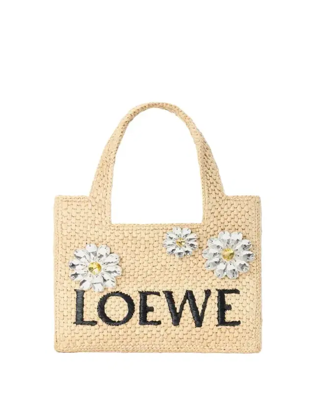 Loewe x Paula's Ibiza Crystal Floral Applique Raffia Tote Bag