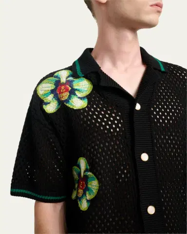 CASABLANCA Men's Orchid Embroidered Crochet Short-Sleeve Cardigan | Thumbnail 5