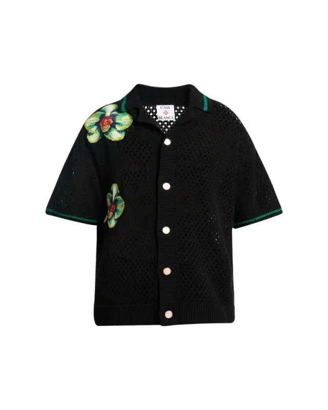Men's Orchid Embroidered Crochet Short-Sleeve Cardigan