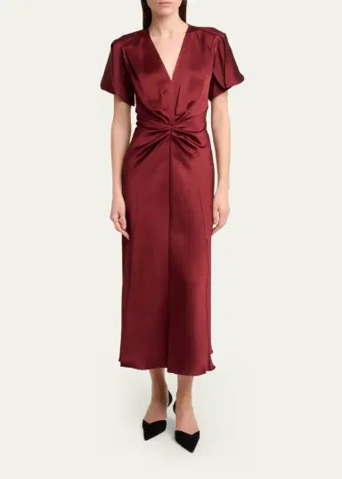 Victoria Beckham Eve Gathered-Waist Satin Midi Dress | Thumbnail 2 Victoria Beckham Eve Gathered-Waist Satin Midi Dress | Thumbnail 2