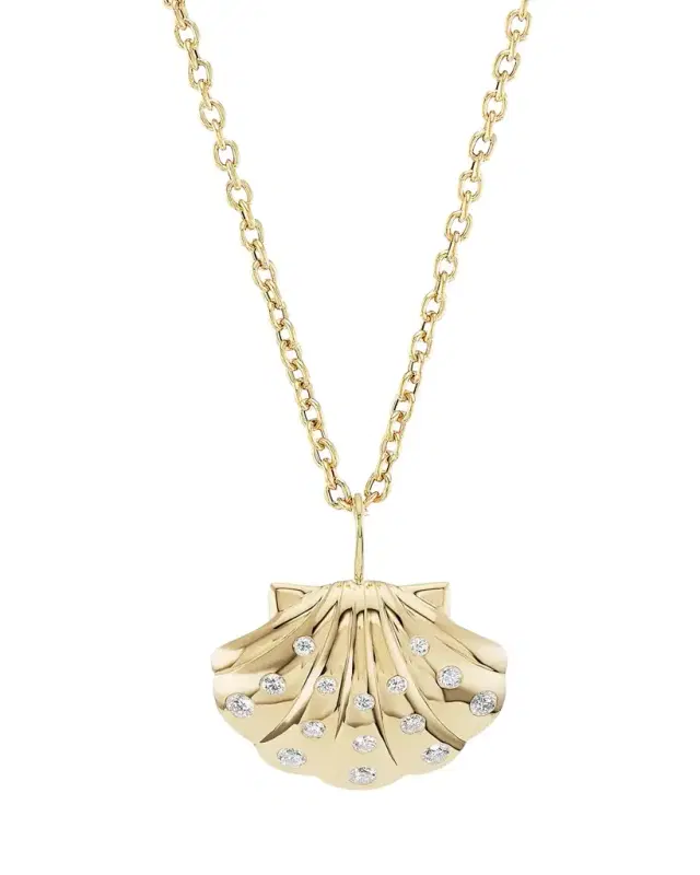 18K Gold Medium Shell Necklace with White Diamonds, 18"L