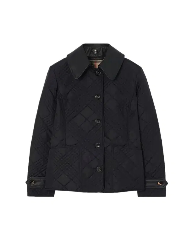 Burberry Fernleigh Leather-Collar Check Quilted Jacket