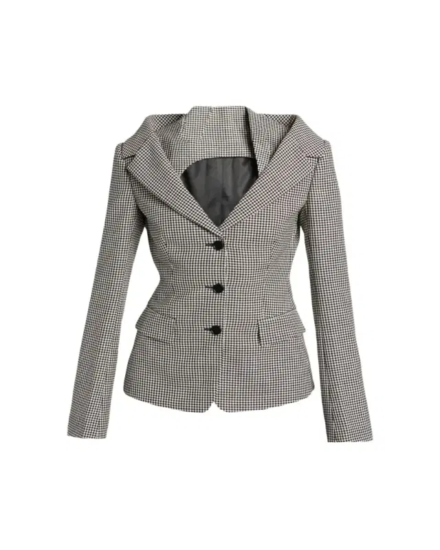 Gingham Off-The-Shoulder Single-Breasted Jacket
