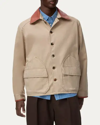 Loewe x Paula's Ibiza Men's Washed Cotton Leather-Collar Shirt Jacket | Thumbnail 4 Loewe x Paula's Ibiza Men's Washed Cotton Leather-Collar Shirt Jacket | Thumbnail 4