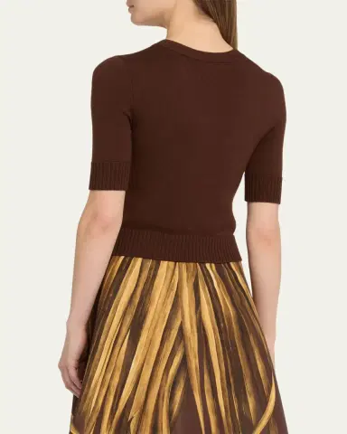 Oscar de la Renta Short-Sleeve Button-Side Crewneck Sweater | Thumbnail 3