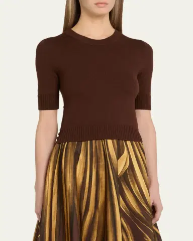 Oscar de la Renta Short-Sleeve Button-Side Crewneck Sweater | Thumbnail 4
