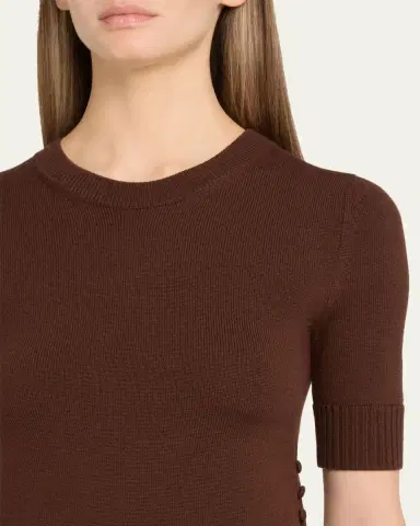 Oscar de la Renta Short-Sleeve Button-Side Crewneck Sweater | Thumbnail 9