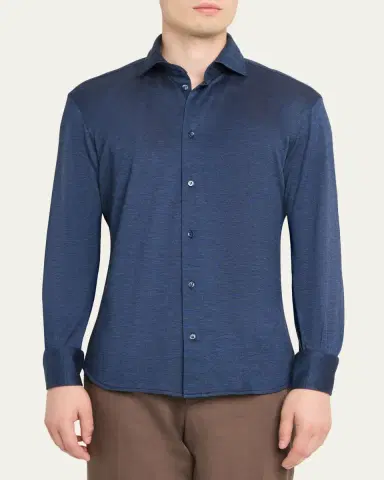 Baldassari Men's Silk and Cotton Pique Button-Down Shirt | Thumbnail 8