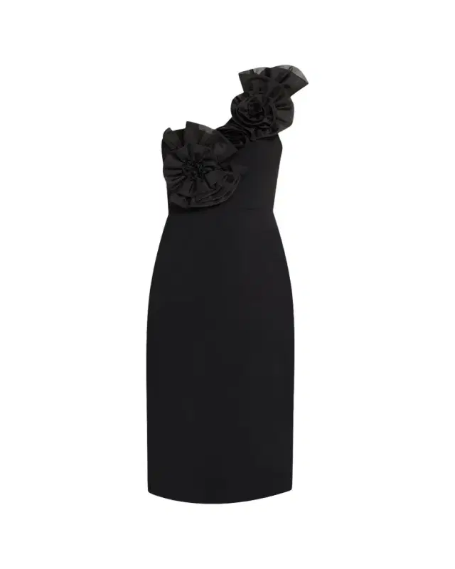 One-Shoulder Floral Applique Crepe Midi Dress