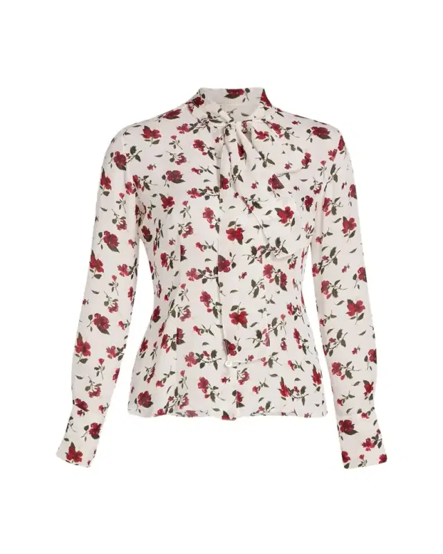 Oscar de la Renta Hibiscus-Print Silk Neck-Scarf Blouse