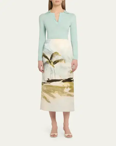 Oscar de la Renta Long-Sleeve Light Wool Polo Sweater | Thumbnail 2
