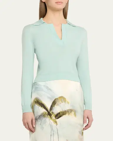 Oscar de la Renta Long-Sleeve Light Wool Polo Sweater | Thumbnail 4