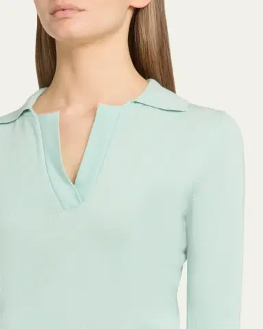 Oscar de la Renta Long-Sleeve Light Wool Polo Sweater | Thumbnail 5