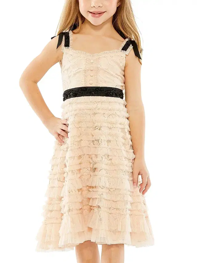 Mac Duggal Little Girl's & Girl's Beaded Bow Strap Ruffle Lace Dress - Porcelain