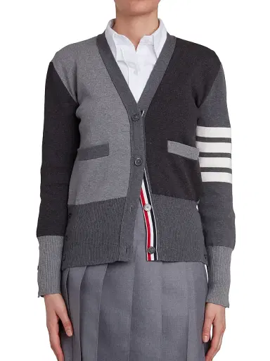 Thom Browne Women's Funmix Colorblock Four Bar Cardigan - Tonal Grey | Thumbnail 1 Thom Browne Women's Funmix Colorblock Four Bar Cardigan - Tonal Grey | Thumbnail 1