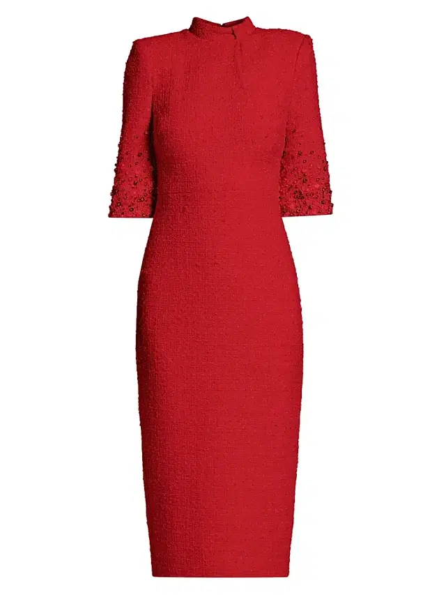 Badgley Mischka Women's Bouclé Embellished-Sleeve Midi-Dress - Red
