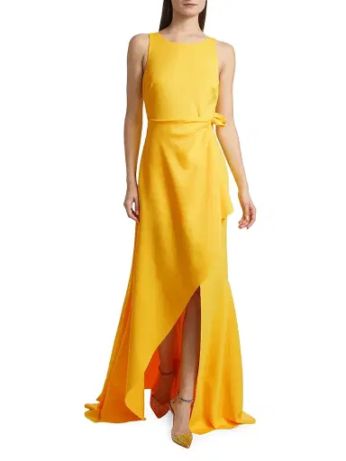Badgley Mischka Women's Lightweight Scuba Tie-Waist Gown - Yellow | Thumbnail 3 Badgley Mischka Women's Lightweight Scuba Tie-Waist Gown - Yellow | Thumbnail 3