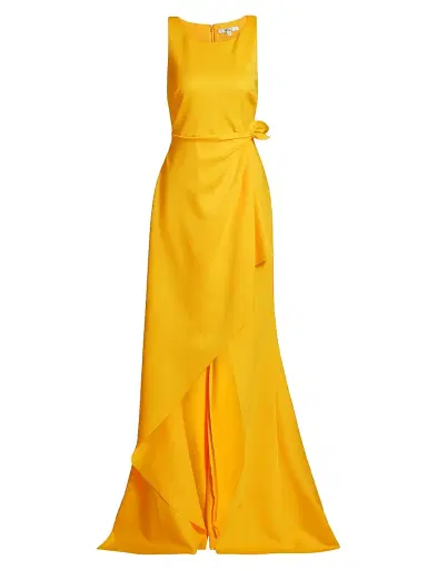 Badgley Mischka Women's Lightweight Scuba Tie-Waist Gown - Yellow | Thumbnail 1 Badgley Mischka Women's Lightweight Scuba Tie-Waist Gown - Yellow | Thumbnail 1