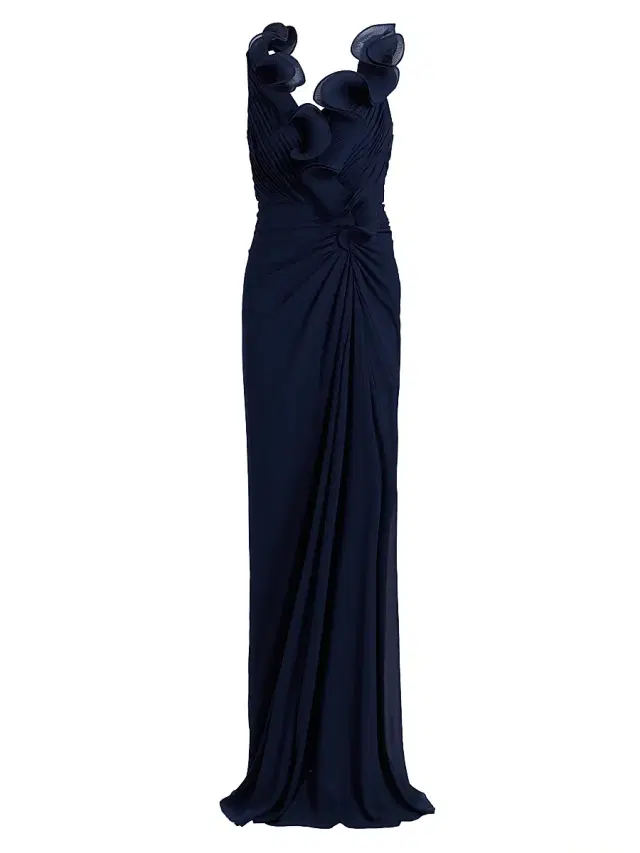 Women's Gathered Ruffle Column Gown - Navy