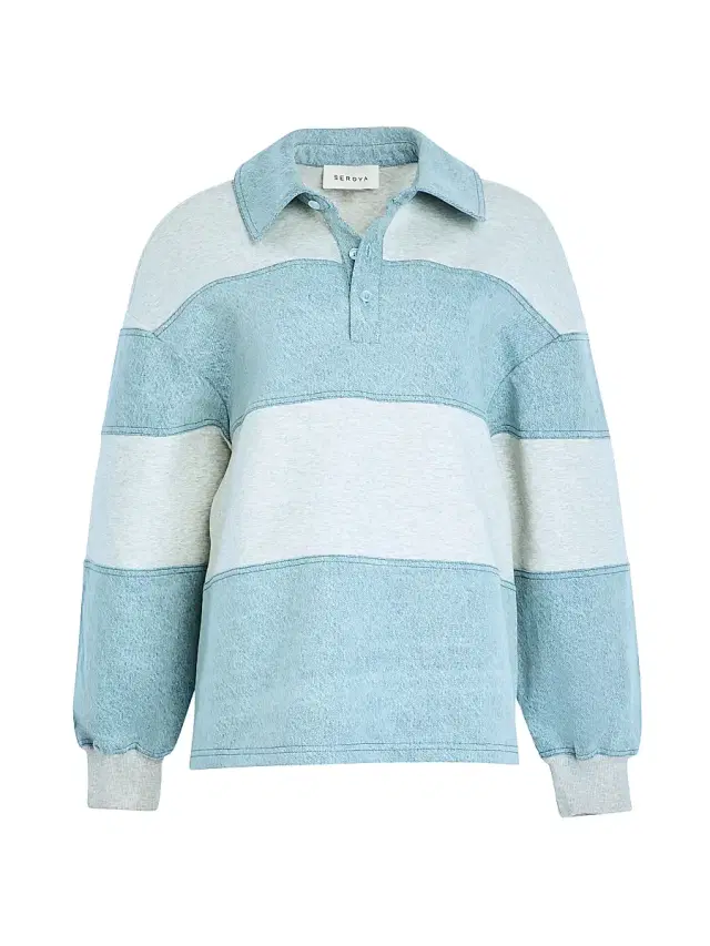 SEROYA Women's Cher Striped Mixed-Media Polo Sweatshirt - Light Grey Coastline