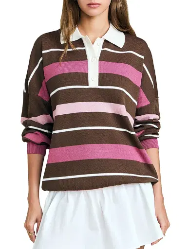 SEROYA Women's Taby Striped Polo Sweater - Sable Stripe - Size XL | Thumbnail 3