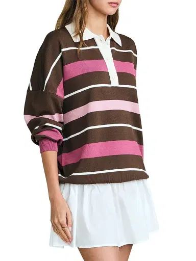 SEROYA Women's Taby Striped Polo Sweater - Sable Stripe - Size XL | Thumbnail 4