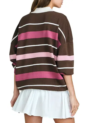 SEROYA Women's Taby Striped Polo Sweater - Sable Stripe - Size XL | Thumbnail 5