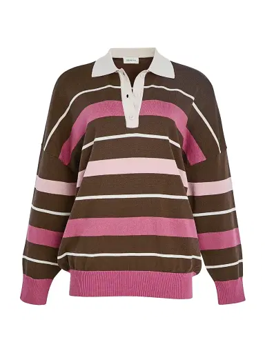SEROYA Women's Taby Striped Polo Sweater - Sable Stripe - Size XL | Thumbnail 1