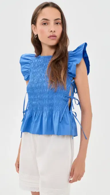 Ganni Smocked Cotton Top Marina 42 | Thumbnail 2