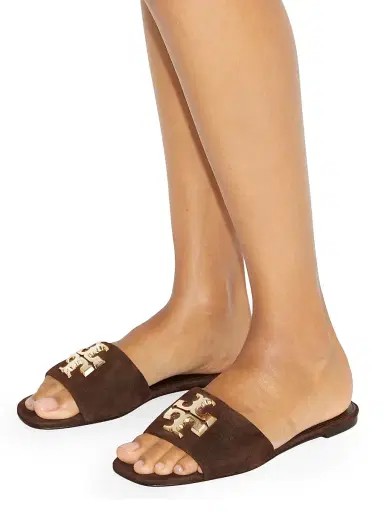 Tory Burch Women's Eleanor Double T Logo Leather Slide Sandals - Dark Cocoa Gold - Size 9.5 | Thumbnail 2 Tory Burch Women's Eleanor Double T Logo Leather Slide Sandals - Dark Cocoa Gold - Size 9.5 | Thumbnail 2