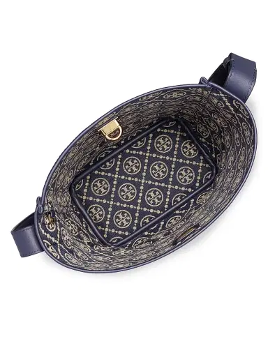 Tory Burch Women's Lock T Monogram Slim Medium Bucket Bag - Tory Navy | Thumbnail 3 Tory Burch Women's Lock T Monogram Slim Medium Bucket Bag - Tory Navy | Thumbnail 3