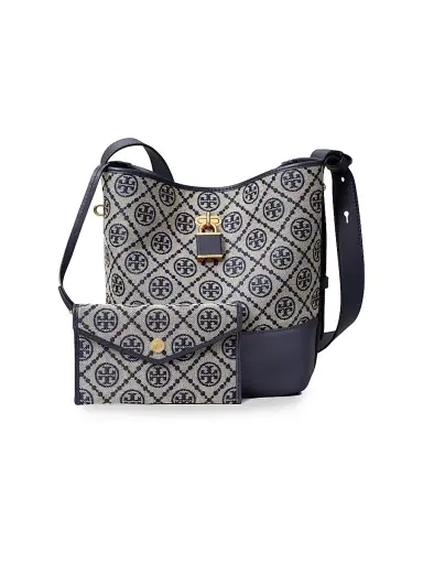 Tory Burch Women's Lock T Monogram Slim Medium Bucket Bag - Tory Navy | Thumbnail 4 Tory Burch Women's Lock T Monogram Slim Medium Bucket Bag - Tory Navy | Thumbnail 4