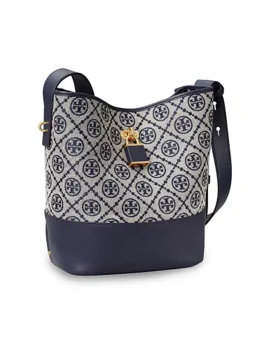 Tory Burch Women's Lock T Monogram Slim Medium Bucket Bag - Tory Navy | Thumbnail 5 Tory Burch Women's Lock T Monogram Slim Medium Bucket Bag - Tory Navy | Thumbnail 5
