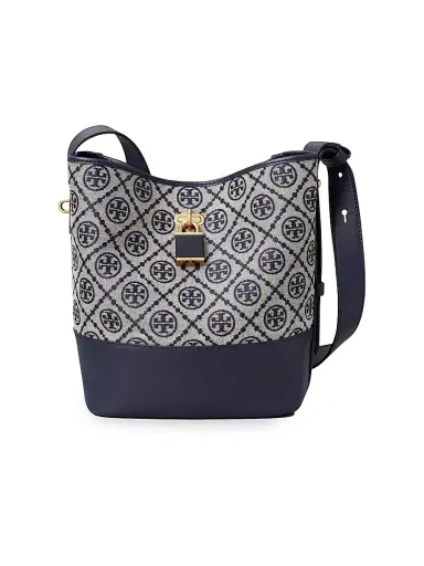Tory Burch Women's Lock T Monogram Slim Medium Bucket Bag - Tory Navy | Thumbnail 1 Tory Burch Women's Lock T Monogram Slim Medium Bucket Bag - Tory Navy | Thumbnail 1