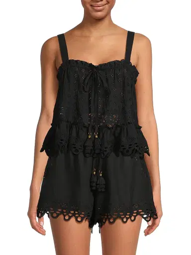 Ramy Brook Women's Amina Embroidered Cotton Top - Black - Size Large | Thumbnail 3