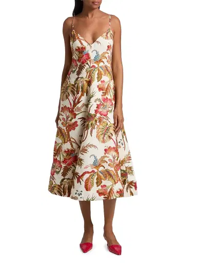 Cara Cara Women's Mae Floral Linen A-Line Midi-Dress - Fauna Floral Ivory - Size 14 | Thumbnail 3