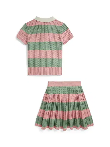 Polo Ralph Lauren Little Girl's & Girl's 2-Piece Cable-Knit Striped Polo Shirt & Pleated Skirt Set - Adirondack Rose Multi - Size 6 | Thumbnail 2