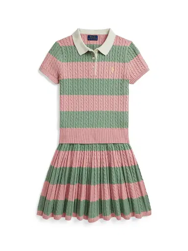 Polo Ralph Lauren Little Girl's & Girl's 2-Piece Cable-Knit Striped Polo Shirt & Pleated Skirt Set - Adirondack Rose Multi - Size 6 | Thumbnail 1