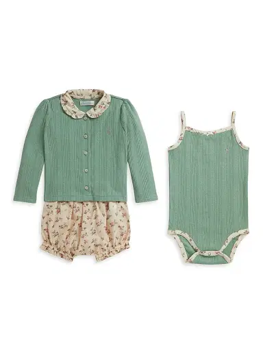 Polo Ralph Lauren Baby Girl's 3-Piece Cardigan, Bloomers & Bodysuit Set - Faded Mint - Size 9 Months | Thumbnail 1